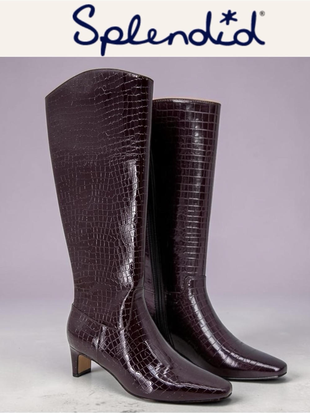 NWT SPLENDID JETT BLACK CHERRY CROC EMBOSSED KNEE HIGH SQUARE HEEL BOOTS SIZE 8